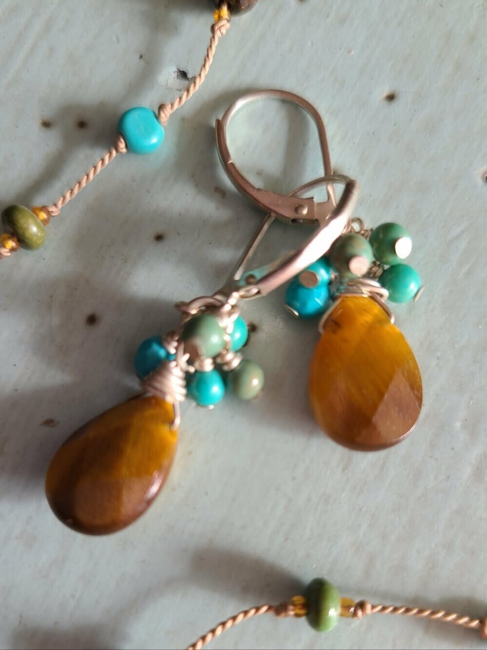 Handmade Turquoise and Tiger Eye Bead Necklace and Earring Set - Picture 3 of 3